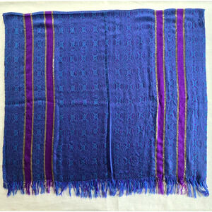 Vintage Scarf Blue Purple Batik Woven Shawl Wrap Fringe Boho Hippie Retro 37x64"